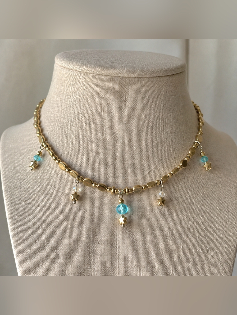 Gold Tone Beaded Star Charm Necklace With Blue And Clear Crystals Nearly Choker
